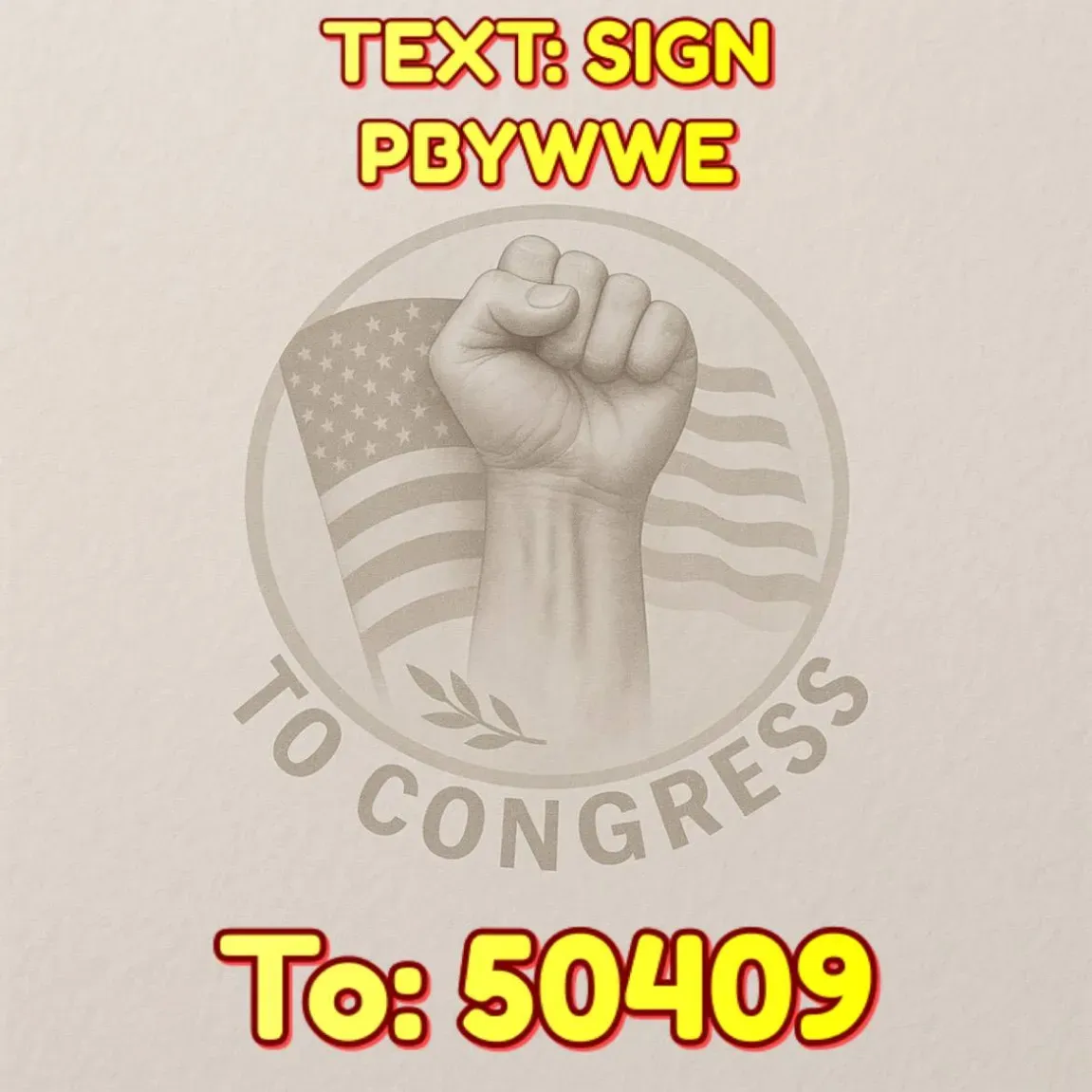 An image of a fist in a circular design that includes an American flag. It reads,"Text: SIGN PBYWWE To: 50409 